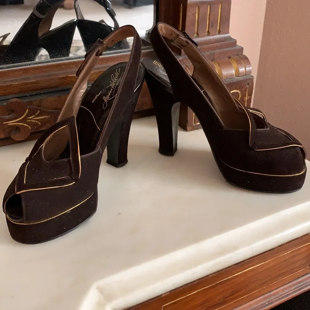 Vintage 1940s Suede Peeptoe Slingbacks Size 3 - Picture 5 of 8